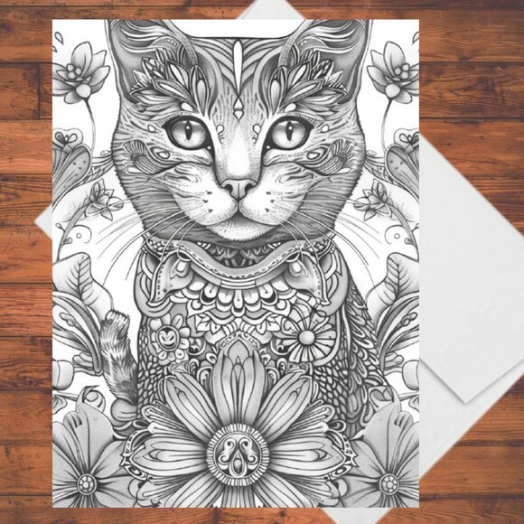 8 Cats in Flowers Coloring Cards Kit: 5x7 Handmade DIY Greeting Cards Envelopes - Picture 5 of 9